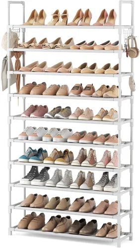 Vista 13 de VTRIN - Estantería alta de 10 niveles para zapatos, con capacidad para 20-25 pares de zapatos, organizador vertical resistente con 18 ganchos