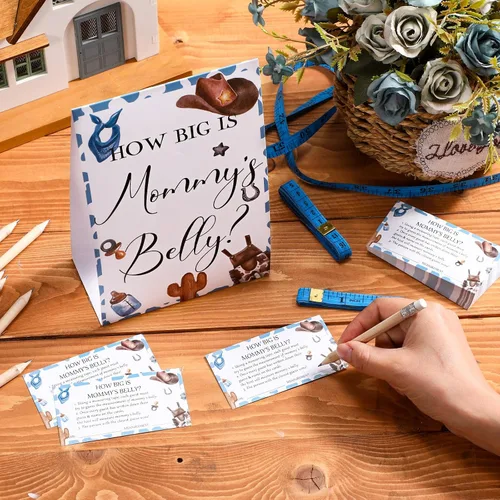 Vista 72 de Sabary 64 Piezas Juegos de Baby Shower Incluyen Letrero How Big is Mommy's Belly Sign Measure Bump Game 50 Tarjetas 10 Lápices 3 Cintas Métricas