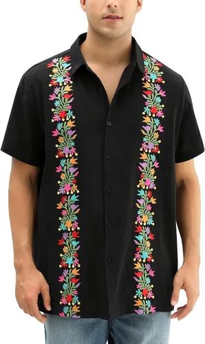 Vista 17 de Camisas mexicanas para hombre, camisa de manga corta bordada con botones y cuello de guayabera tradicional Alebriges Negro