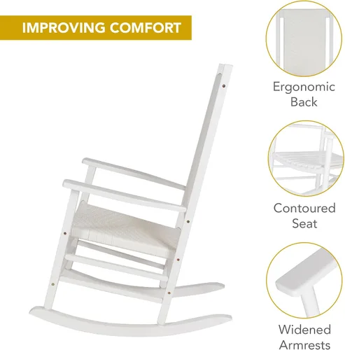 Vista 5 de Shine Company Hampton Mecedora de Porche, Silla Mecedora de Madera con Respaldo Alto, Respaldo y Asiento de Ratán, Blanco