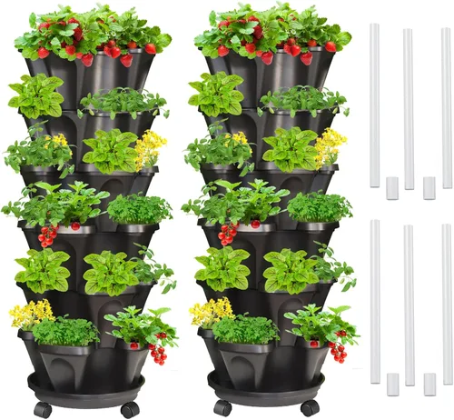 Vista 26 de Macetas verticales de fresa, paquete de 2 unidades, torre apilable de 5 niveles con poste de soporte, macetas apilables para hierbas y verduras