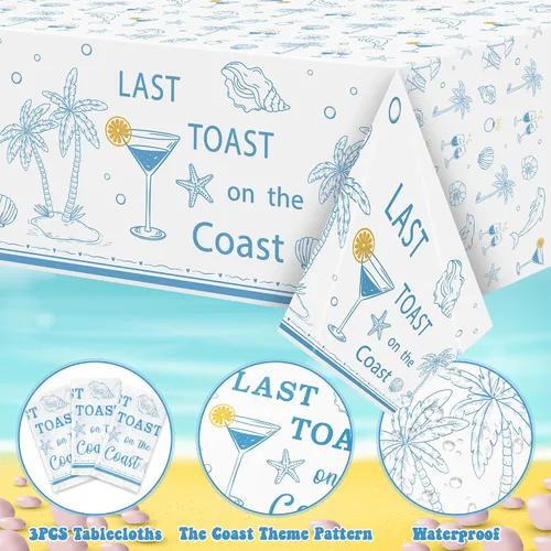 Vista 3 de K1tpde Mantel de plástico desechable para despedida de soltera de 3 piezas con temática costera, diseño de copa de vino azul, diseño de estrella