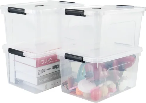 Vista 8 de Caja de plástico transparente de 10 L, contenedor de almacenamiento de plástico con tapas, paquete de 4 Clear Plastic Material, Snap Side Latches