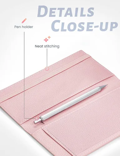 Vista 3 de Yarnic Funda para chequera personal, soporte para chequera con soporte para bolígrafo y divisor de plástico transparente integrado para cheques Rosa