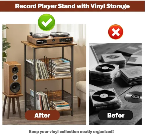 Vista 9 de Soporte para tocadiscos, soporte para discos de vinilo de 3 niveles, soporte giratorio con 2 separadores y 4 pies ajustables, mesa para tocadiscos