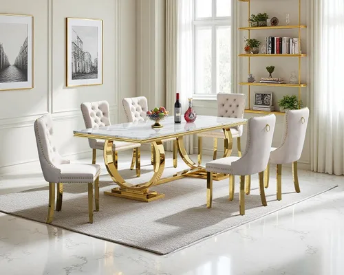 Vista 54 de Juego de mesa de comedor de 5 piezas para 4, mesa de cocina de mármol negro de 68 pulgadas con 4 sillas beige, mesa de comedor rectangular moderna