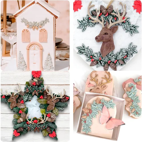 Vista 4 de Moldes de silicona de hojas de acebo de Navidad, molde de fondant de hojas de invierno, moldes de piña de Navidad para hornear chocolate