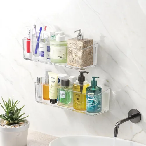 Vista 8 de PAVSTINE Paquete de 2 estantes de ducha transparentes, estantes adhesivos para ducha de baño, organizador de ducha de baño montado en la pared