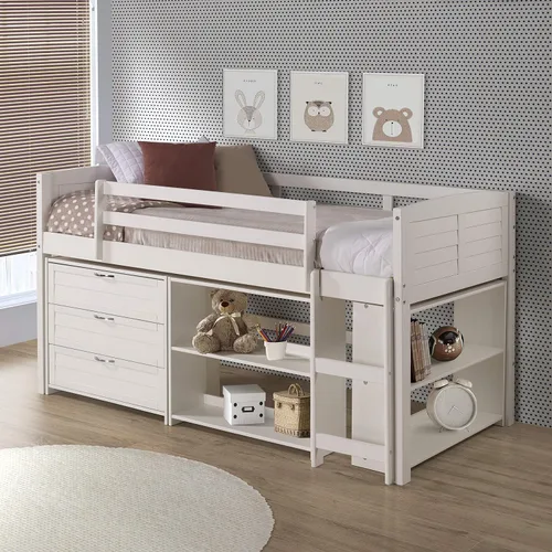 Vista 2 de Donco Kids Cama tipo loft baja modular con panel de listones en acabado blanco - Combo Set B