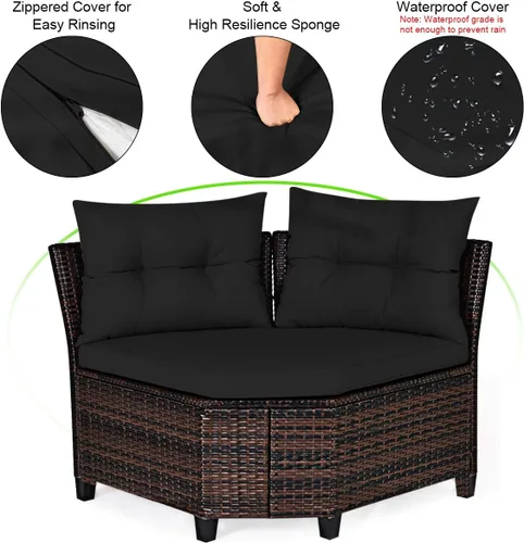 Vista 7 de Tangkula - Juego de muebles de patio de 4 piezas en forma de C de mimbre para exteriores, con cojines y mesa de centro con cubierta de cristal