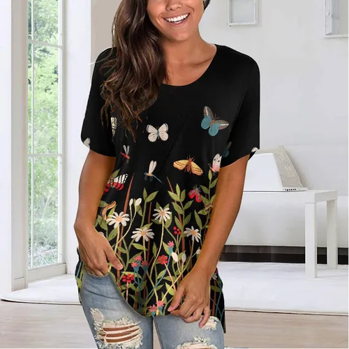Vista 2 de Long Shirt Women Women's Summer Round Neck Flower Print Short Sleeve T-Shirt Top Blouse Juniors Summer Tops