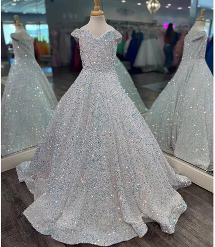 Vista 5 de Vestidos de lentejuelas con hombros descubiertos para boda, vestidos brillantes para concursos, vestido de baile, vestido de princesa para niños