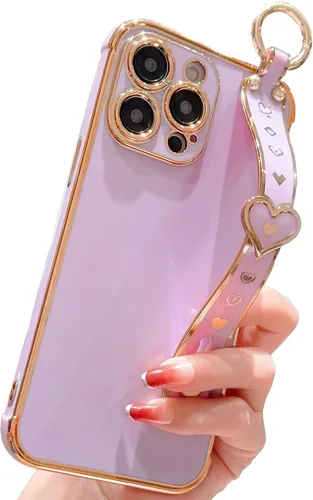 Vista 22 de IDweel Funda para iPhone 11 Pro Max con correa de pulsera ajustable, lazo atril, chapado de lujo de corazón, esquinas elevadas, a prueba de golpes