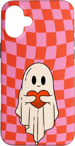 Vista 23 de Funda para iPhone 17 de San Valentín Retro Ghost Hugging Heart Checkerboard Rosa Rojo