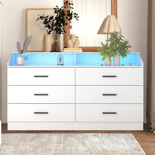 Vista 7 de Cómoda de 6 cajones, cómoda para dormitorio con toma de corriente, cómoda moderna con luz LED, cómoda de almacenamiento con compartimento de Negro