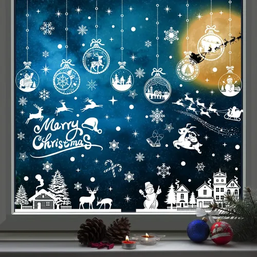 Vista 3 de Enwokran Calcomanías blancas para ventana de Navidad, 10 hojas, 245 unidades, calcomanías reutilizables de doble cara impresas autoadhesivas