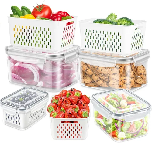Vista 11 de TBMAXS Paquete de 4 recipientes de almacenamiento de alimentos para refrigerador con colador, herméticos, sin BPA, contenedor de plástico