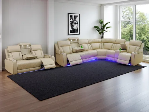 Vista 27 de Juego de sofá de cuero transpirable con puerto USB, 5 sofás seccionales reclinables en forma de L y 2 sillas, juego de sofá seccional reclinable