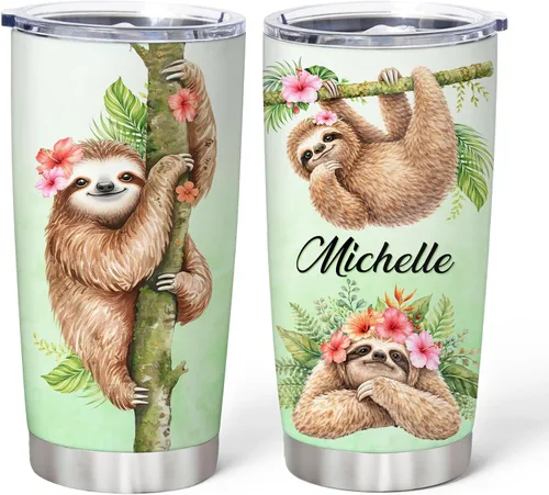 Vista 15 de Hyturtle Regalos personalizados para los amantes de los perezosos, vaso de acero inoxidable con nombre personalizado de 20 onzas con tapa, idea