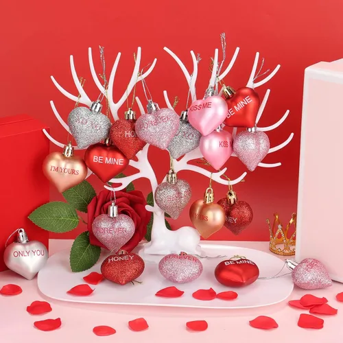 Vista 2 de Shynek 68 adornos de corazón para el día de San Valentín para árbol, bolas de corazón de San Valentín con palabras de amor dulces para decoraciones