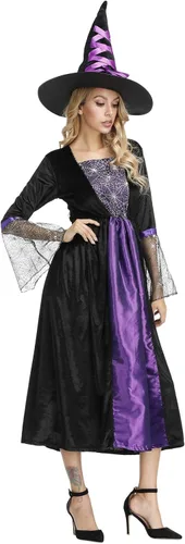 Vista 4 de Zhitunemi Disfraz de bruja para mujer, vestido de hechicera, sombrero de bruja malvada de araña, disfraces