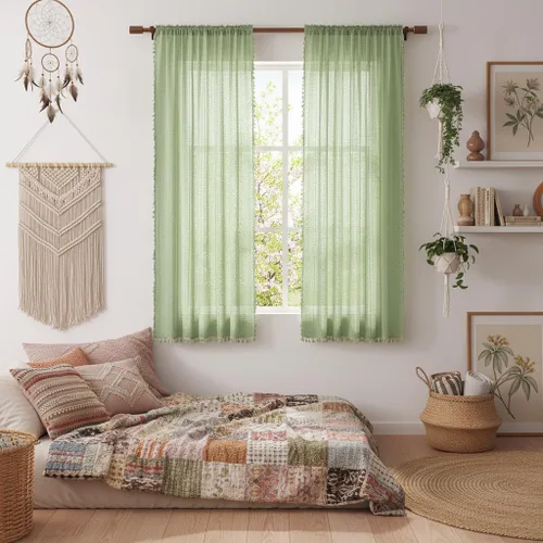 Vista 22 de WAZZIO Cortinas de Encaje, Cortina Boho de Crochet para Dormitorio, Cortinas de Café de Algodón, 45 Pulgadas de Largo, 2 Paneles con Bolsillo