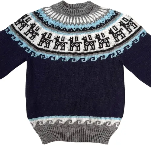 Vista 3 de Suéter de alpaca Gamboa para hombre, lana ligera y suave, de cuello redondo, tejido a mano, suéteres de otoño e invierno Azul