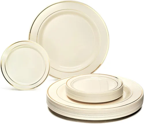 Vista 15 de Occasions" - Juego de 125 piezas (25 invitados) - Platos y cubiertos de plástico para boda, vajilla pesada desechable de 10.5 pulgadas, 6.25