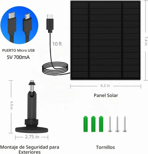 Vista 5 de Panel solar de 5 W para cámara de seguridad, panel solar con puerto micro USB y USB-C para cámara de batería recargable de 5 V CC al aire libre