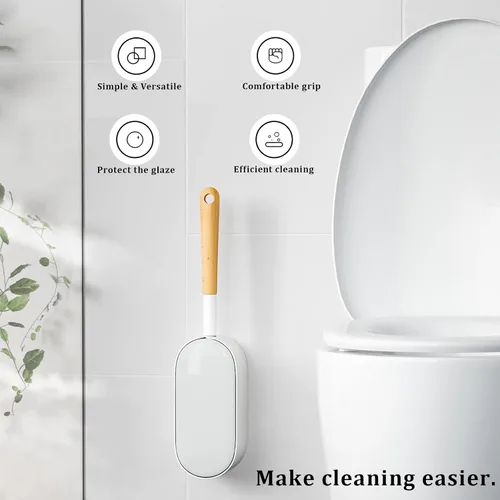 Vista 2 de Escobilla de inodoro y soporte con juego de tapa, diseño curvado en ángulo, cerdas duraderas para limpieza de baño