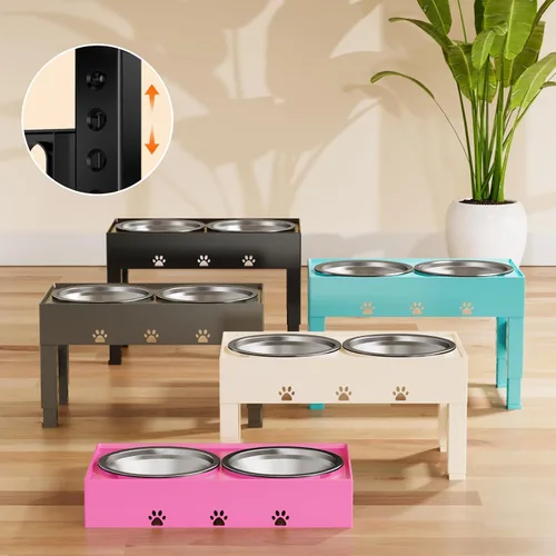 Vista 8 de LAKIPETN Tazones elevados para perros con 2 cuencos de acero inoxidable, soporte elevado para comida para perros, 5 alturas ajustables