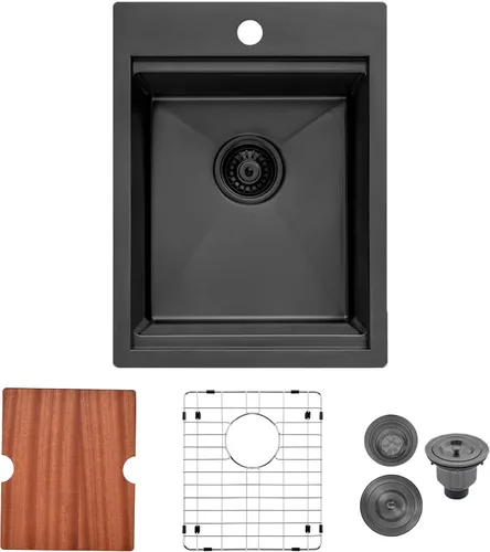 Vista 14 de Friho Fregadero de barra empotrable negro de 15 x 15 pulgadas, fregadero de cocina de acero inoxidable de un solo tazón montado en superficie