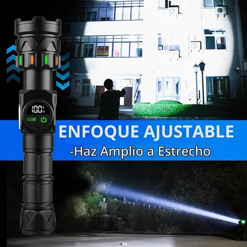 Vista 2 de Linternas recargables de alto lúmenes 5000 de larga distancia, luces LED superbrillantes con luz lateral COB pantalla LCD USB C, fuente de luz dual