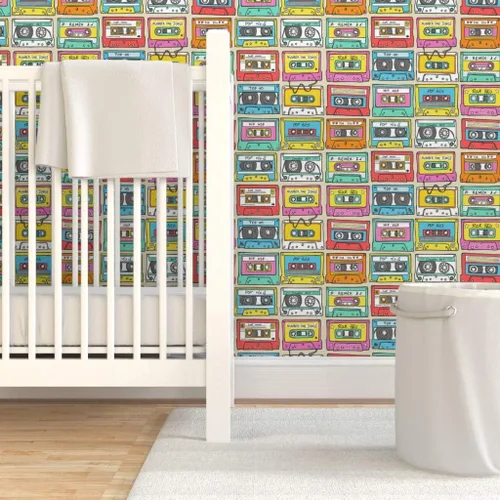 Vista 6 de Muestras de papel tapiz extraíbles, cinta de mezcla de música más pequeña, retro vintage de los años 90, papel pintado prepegado personalizado por