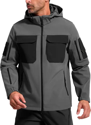 Vista 12 de FREE SOLDIER Chaqueta impermeable Softshell con forro polar para hombre, chaqueta táctica militar con capucha rompevientos