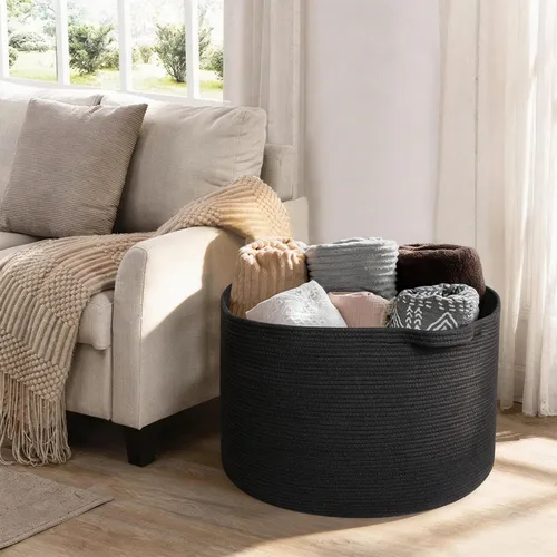 Vista 4 de MEGASKET Cesta grande de manta negra, 22 x 22 x 14 pulgadas, contenedor de cuerda tejida para almacenamiento, caja de almacenamiento de juguetes