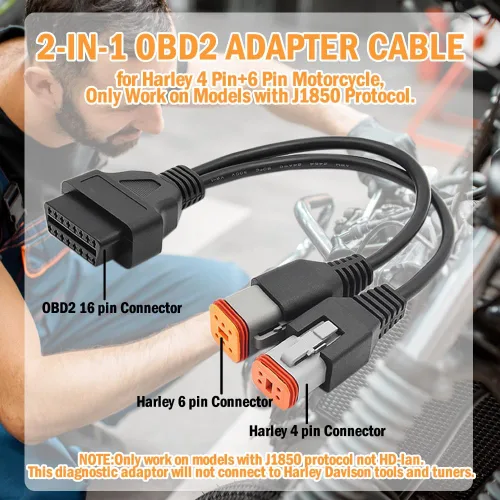 Vista 2 de Cable adaptador OBD2 2 en 1 para escáner de herramienta de diagnóstico de motocicleta de 4 pines+6 pines, funciona en modelos con protocolo J1850