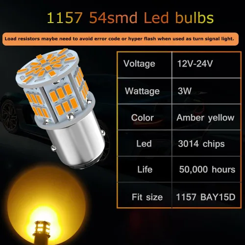 Vista 3 de Bombilla LED 1157 color amarillo ámbar, 12V-24V 1157 7528 2357 2057 BAY15D Bombilla LED de repuesto para luz de freno, luz trasera para automóvil