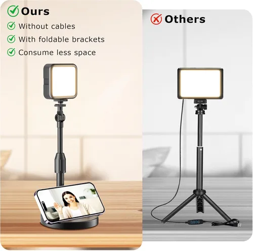 Vista 3 de Paquete de 2 luces LED portátiles recargables de video, kit de iluminación para fotografía con soporte y soporte para teléfono, luz de cámara