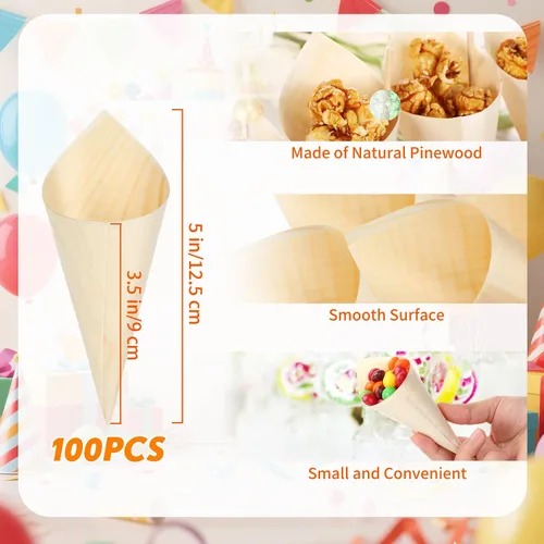 Vista 2 de Queekay 200 conos de madera desechables de madera de 5 pulgadas, cono de helado de perla, palillos de bambú para aperitivos, bebidas, boda, fiesta