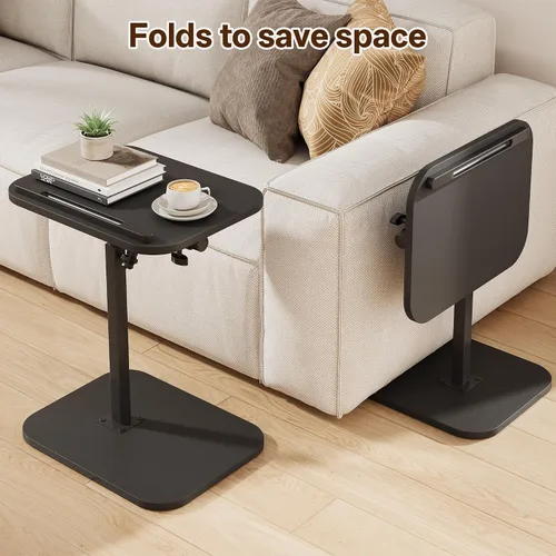 Vista 5 de Mesa de bandeja de TV, bandeja para reposabrazos lateral de sofá, altura ajustable, abatible, mesa auxiliar de aperitivos con giro de 360° e Negro