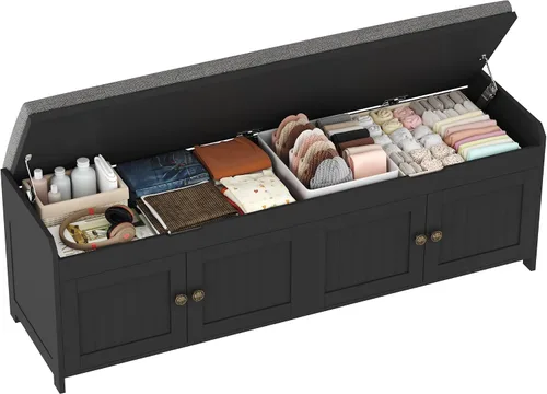Vista 12 de HOMEFORT Banco para Zapatos de 30" con Almacenamiento de Tapa Elevable, Banco de Entrada con Asiento Acolchado, Banco de Madera para Pie de Cama