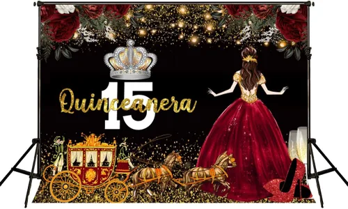 Vista 7 de Vestido rojo, fondo de flores de rosa, telón de fondo de cumpleaños de quinceañera para niña, princesa, feliz cumpleaños 15, carruaje de fotografía