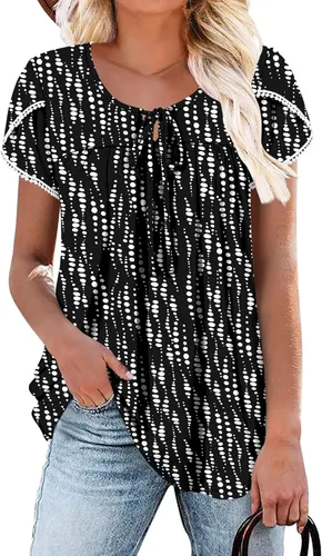 Vista 41 de BETTE BOUTIK Blusas de verano para mujer, plisadas, de manga corta, con cordón, cuello redondo, tallas S-3XL