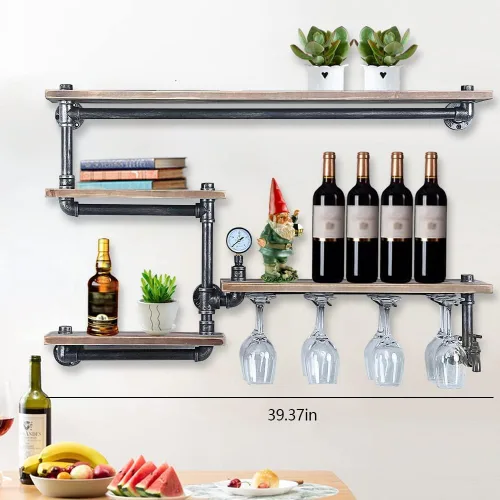 Vista 3 de Estante de vino de montaje en pared, estante industrial para vino con soporte de vidrio de 4 vástagos, estantes de bar, estante de tubo flotante