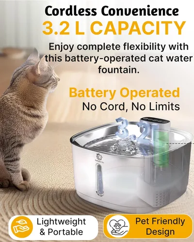 Vista 4 de Fuente de agua inalámbrica para gatos, 3.2L/108 onzas, fuente de acero inoxidable, fuente automática para beber gatos inalámbrica y recargable