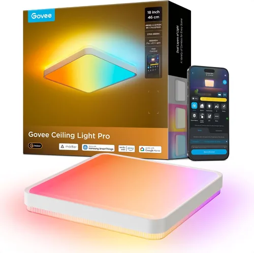 Vista 10 de Govee Lámpara de Techo Inteligente, Lámpara de Techo LED RGBIC Cuadrada que Funciona con Matter, Lámpara de Montaje Empotrado de 2400LM