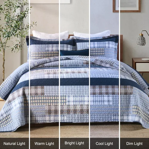 Vista 7 de PANGUSHAN - Juego de edredón tamaño Queen, 100% algodón, juego de ropa de cama, colcha reversible ligera de estilo granja con diseño de retazos Azul