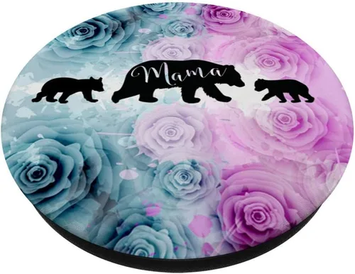 Vista 2 de Mama Bear Pop Socket 2 Cubs Teal Purple Roses Mothers Day - PopSockets Grip and Stand for Phones and Tablets