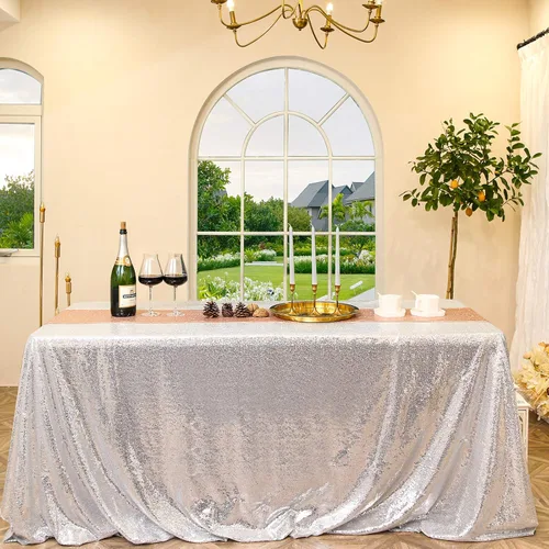 Vista 45 de Manteles redondos de lentejuelas negros para fiestas, de 121,9 cm, mantel redondo de purpurina ajustado, pequeño, lindo y dulce, para boda
